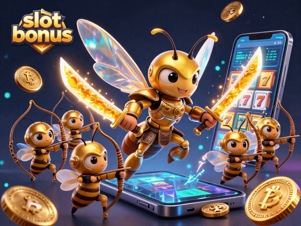 Engage with the slot bonus scene featuring vibrant honey-themed characters amidst energetic gambling elements.