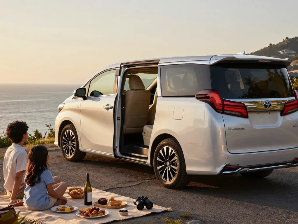 Cho thuê xe Toyota Alphard cho chuyến đi gia đình sang trọng tại một điểm ngắm biển.
