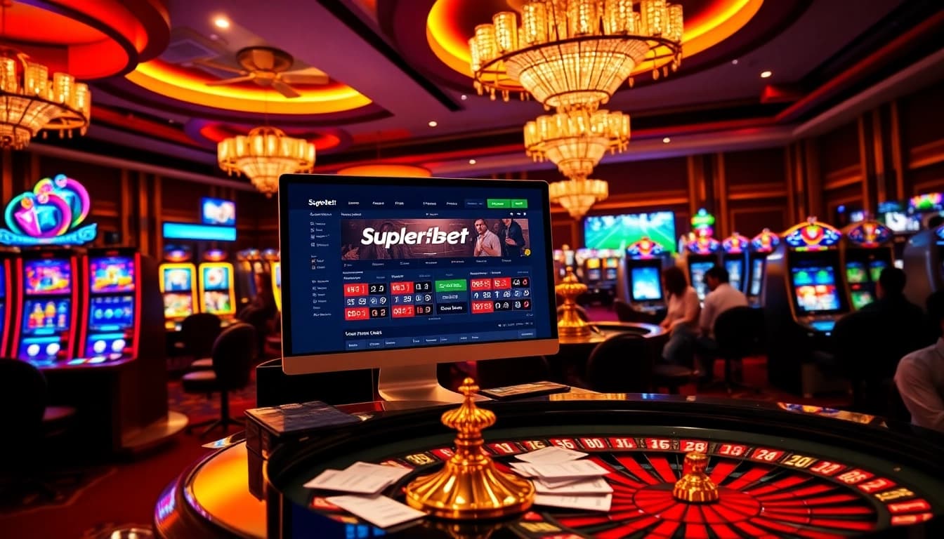 Action-packed gaming at Superbet with roulette and poker setups in a vibrant casino.