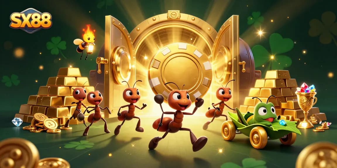 SX88 ants carry a giant poker chip through a dazzling treasure tunnel, showcasing casino excitement.