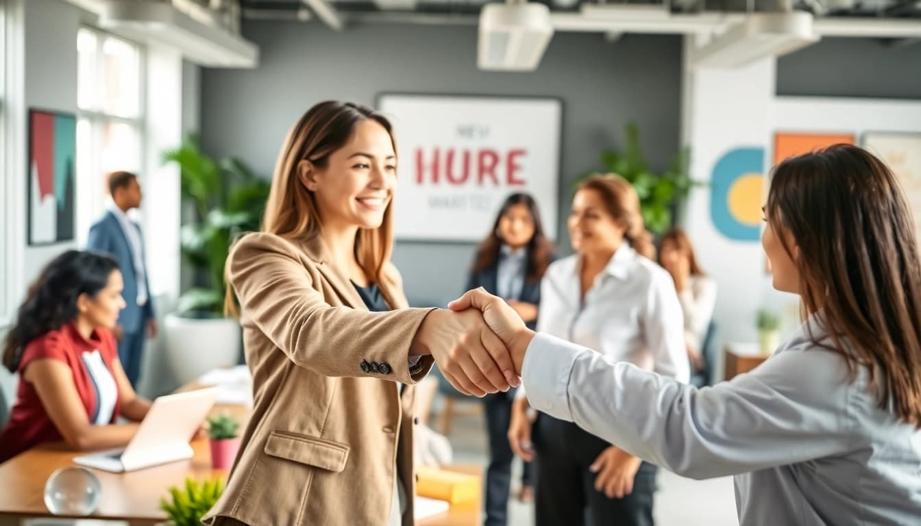 Engaging scene of professionals in new hire jobs, showcasing diversity and collaboration in a modern office.