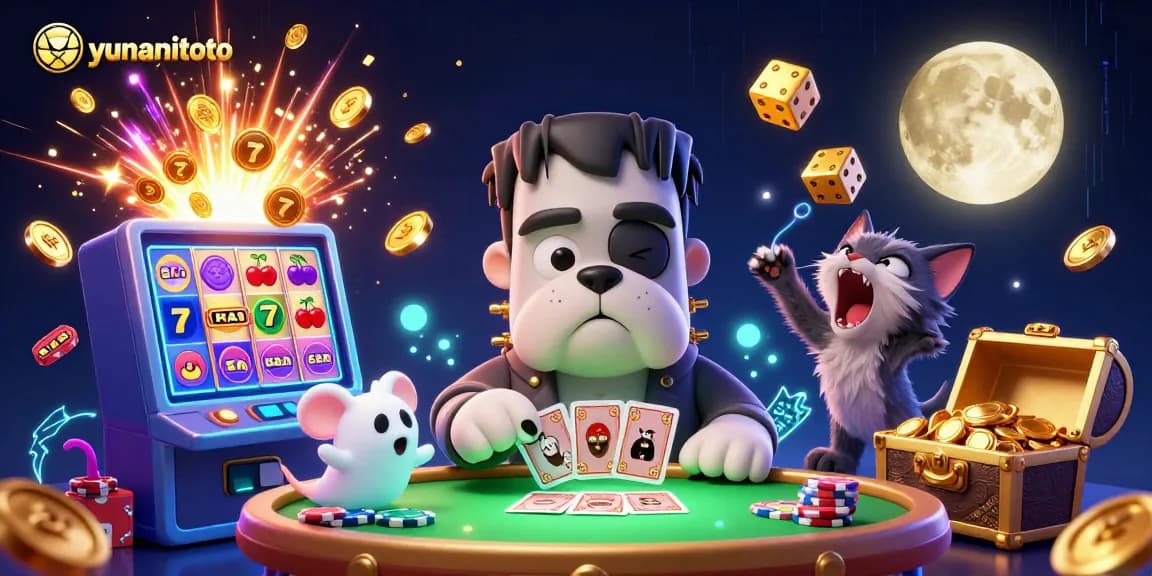 yunanitoto casts excitement as a Frankenstein bulldog deals cards at a ghostly casino table.