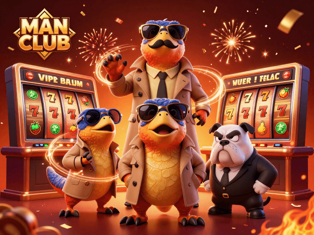 Experience thrilling games at MAN CLUB with raptors in a trench coat entering a VIP casino.