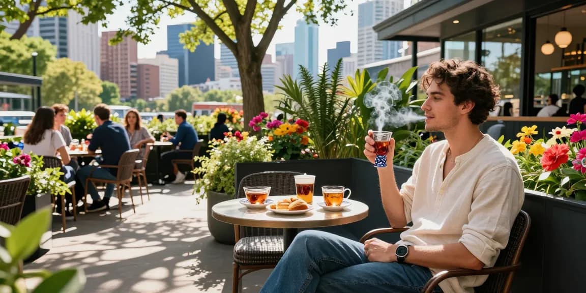 Enjoying a rokok88 in a lively café with city views and greenery.