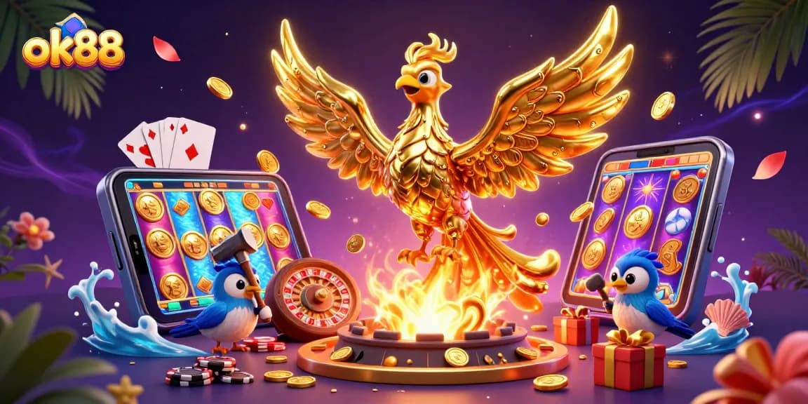 ok88 thrills with a molten metal phoenix and casino elements in a dynamic 3D scene.