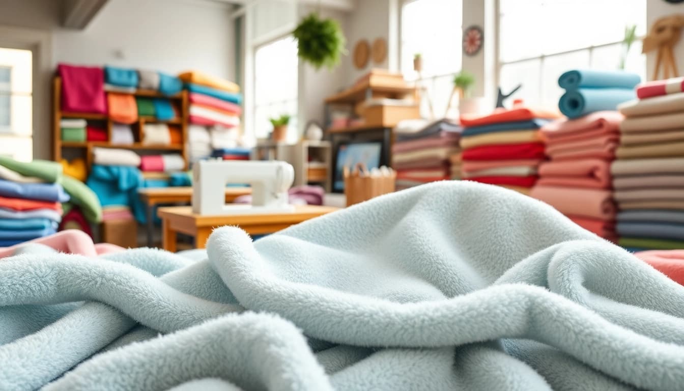 Bekijk fleece stof per meter in een creatieve werkomgeving met kleurrijke textiel stalen.