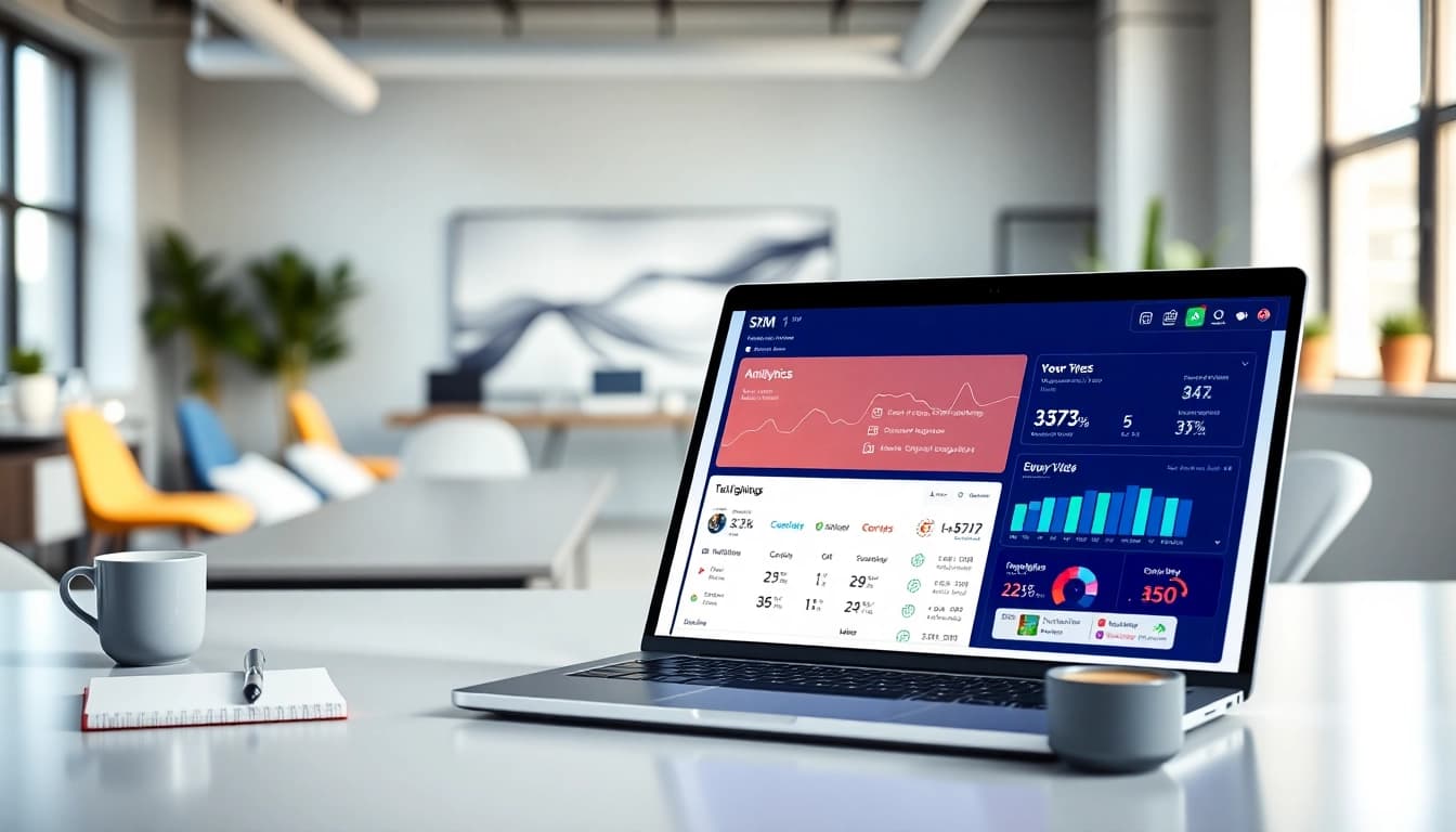 Engaging TikTok SMM panel interface on laptop in a modern office, showcasing analytics.
