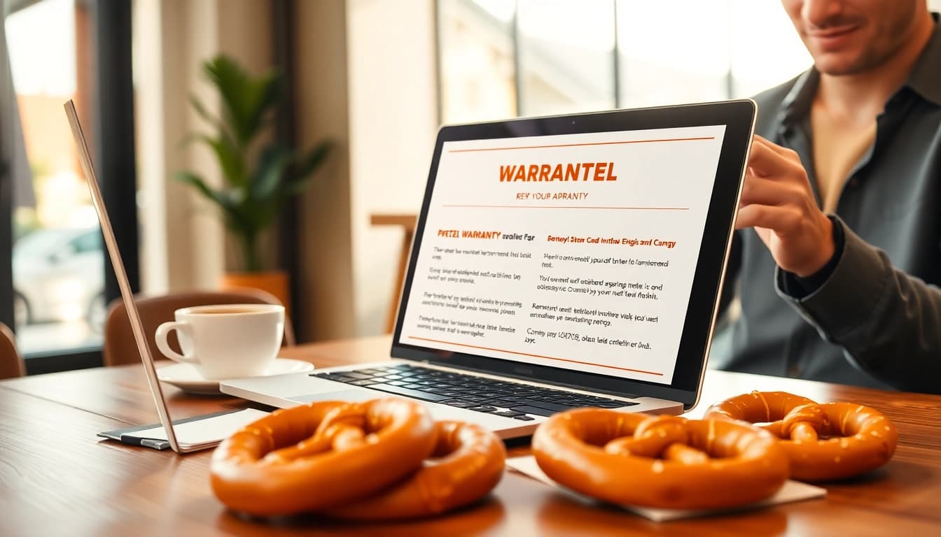 Analyzing pretzel warranty reviews and trust while enjoying fresh pretzels in a cafe.