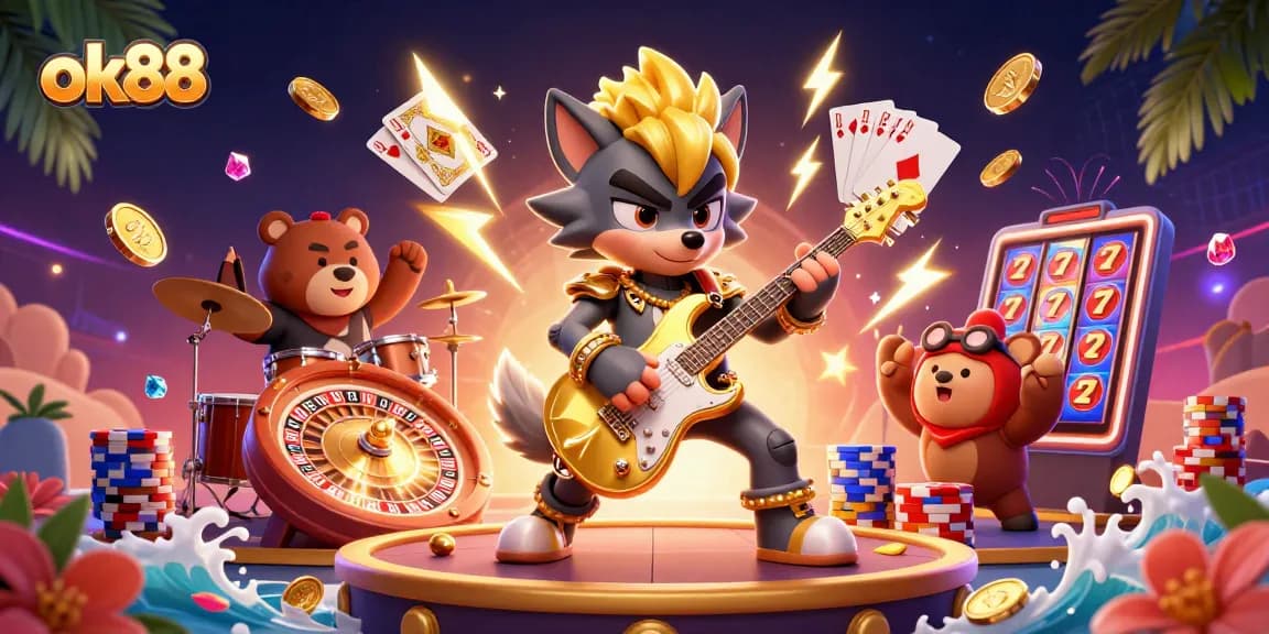 Engage in thrilling casino action with ok88's rock star wolf and dazzling game elements.