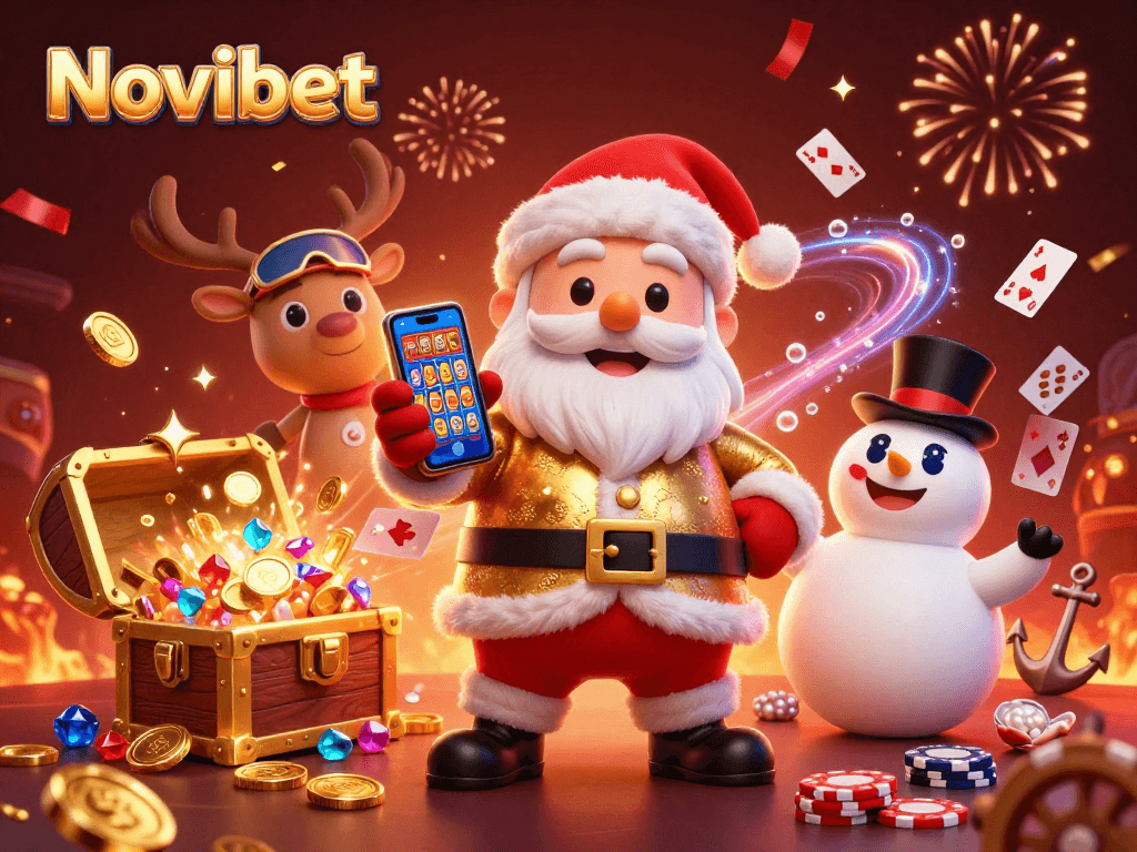 Experience big wins with Novibet in a vibrant casino scene featuring Santa, his reindeer, and a snowman.