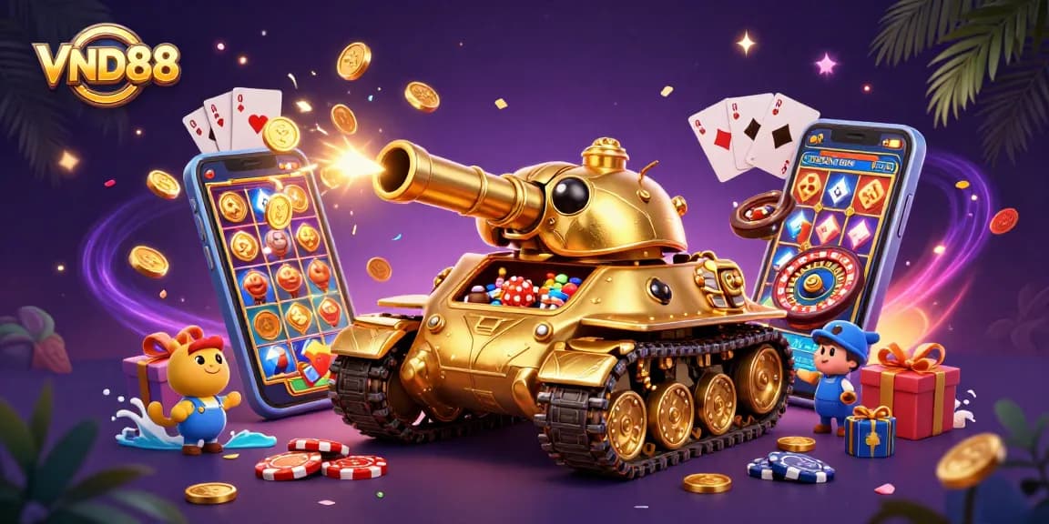 Experience the thrilling world of VND88 with a dynamic 3D casino illustration filled with games and excitement.