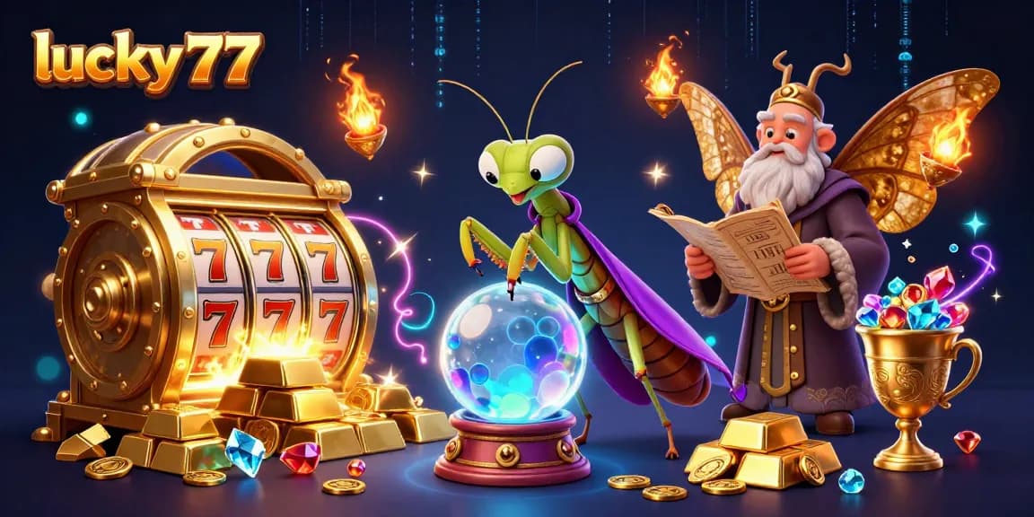 Engage with lucky77 through vibrant slots and dynamic treasures in this captivating 3D casino scene.
