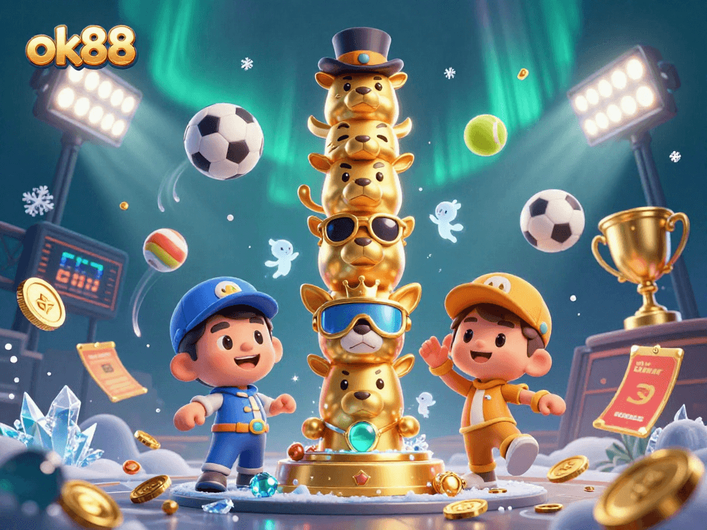 Experience the thrill of ok88 gaming with vibrant sports and casino elements in a dynamic 3D scene.