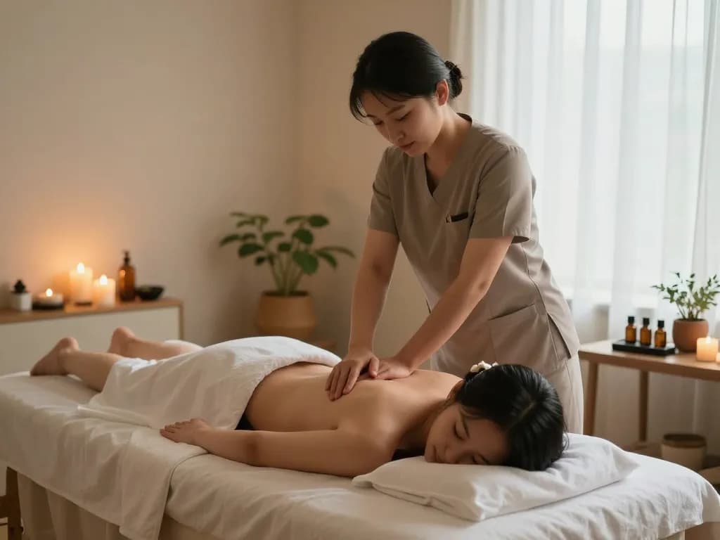 평화로운 스파 환경에서 편안한 마사지 요법을 제공하는 숙련된 치료사를 보여주는 매력적인 인계동마사지 장면.