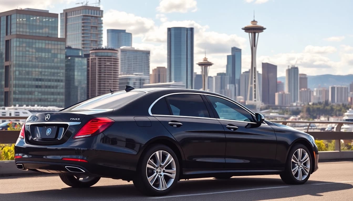 Experience seamless travel with a premium seattle to vancouver car service, showcasing elegant vehicles and city views.