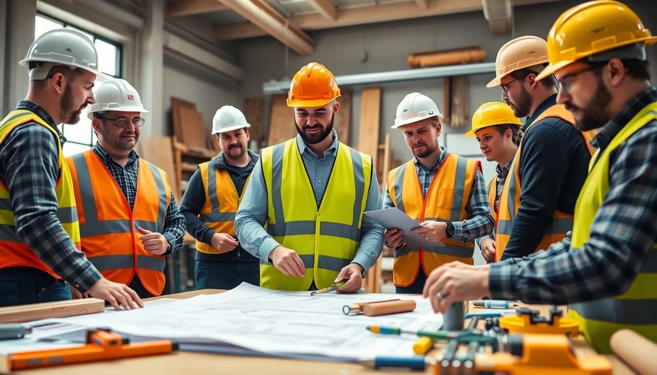A group engaged in construction training with instructors guiding them on essential skills.