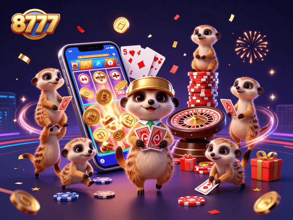 Experience the excitement at 8777's vibrant casino layout with meerkats engaging in dynamic gaming activities.