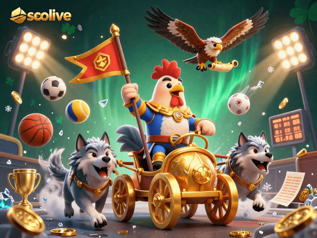 Socolive's vibrant sports betting scene featuring an animated rooster warlord and dynamic game elements.