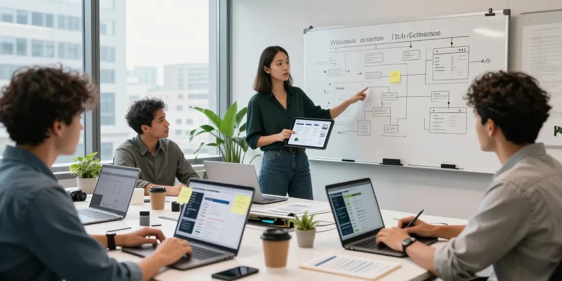 MVP development service team collaborating in a modern workspace, showcasing dynamic software design and planning.