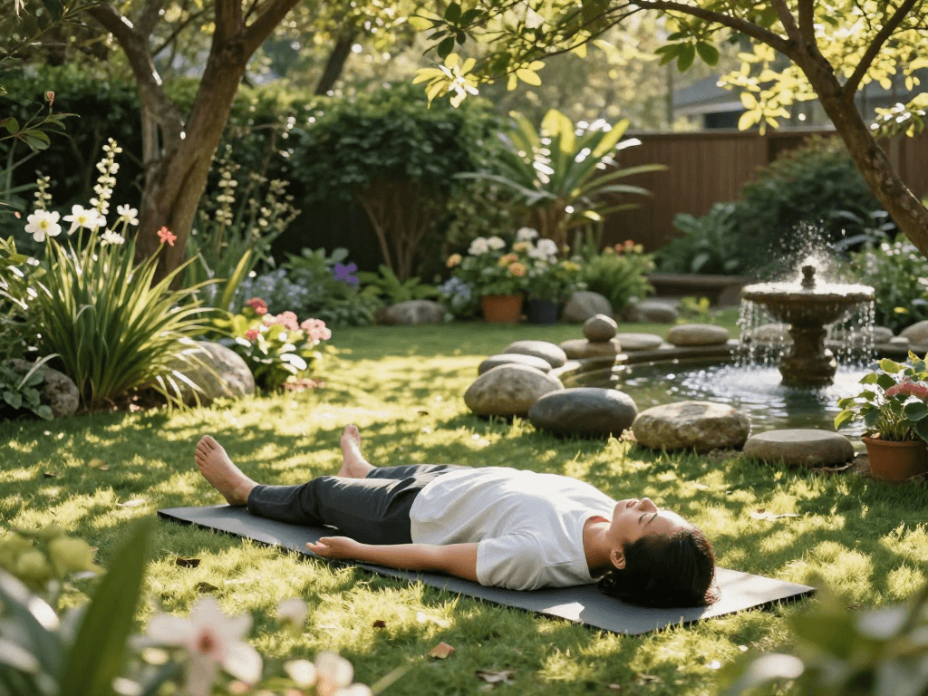 Mindful yoga practice in a serene garden setting emphasizing mantra88 wellness