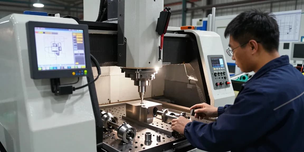 CNC Machining China - Skilled technician operating advanced CNC machine in a modern manufacturing facility.
