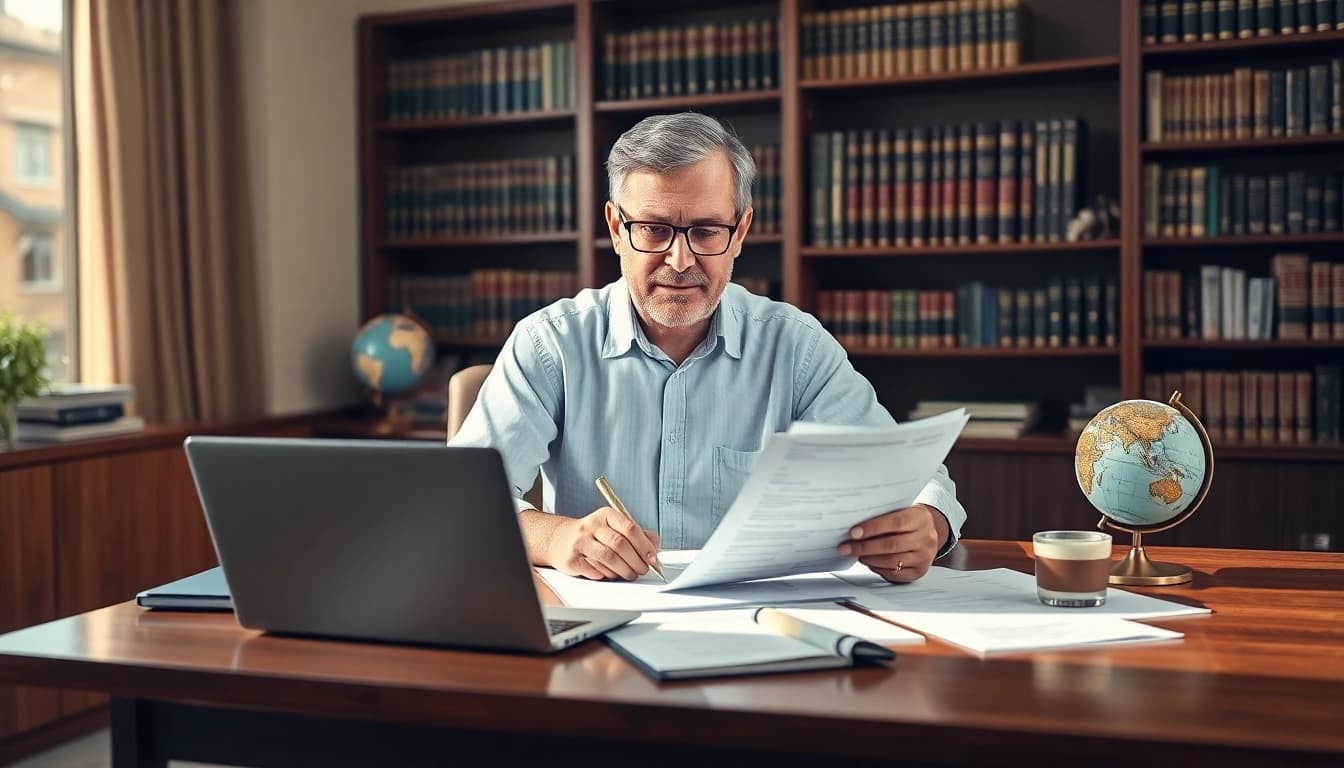 Cadre professionnel avec un traducteur certifié en portugais travaillant sur des documents juridiques.