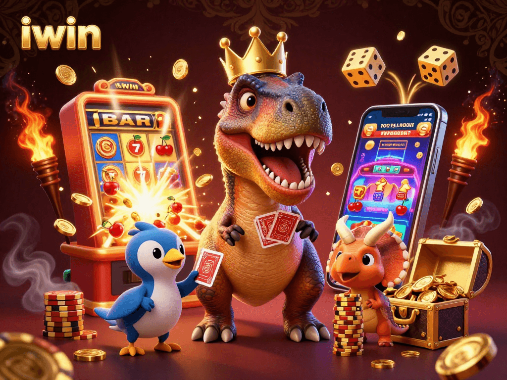 iwin showcases a vibrant casino scene with a T-Rex and friends playing cards and stacking chips.