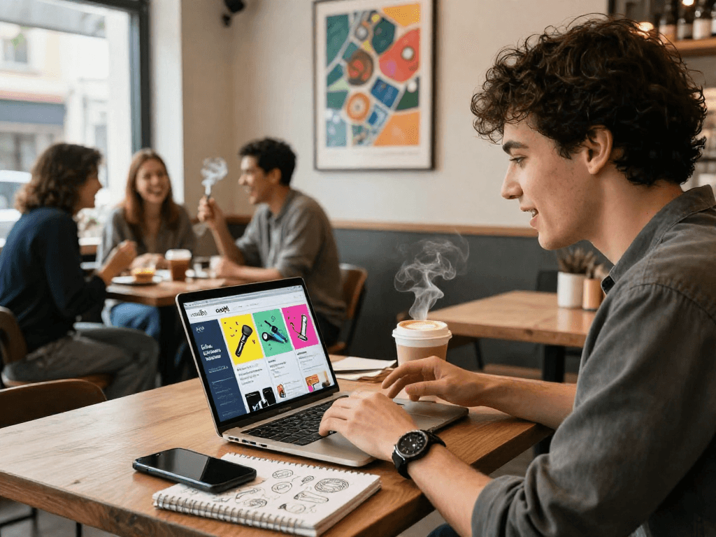 Social interaction in a coffee shop featuring rokok88 lifestyle accessories and vibrant atmosphere.