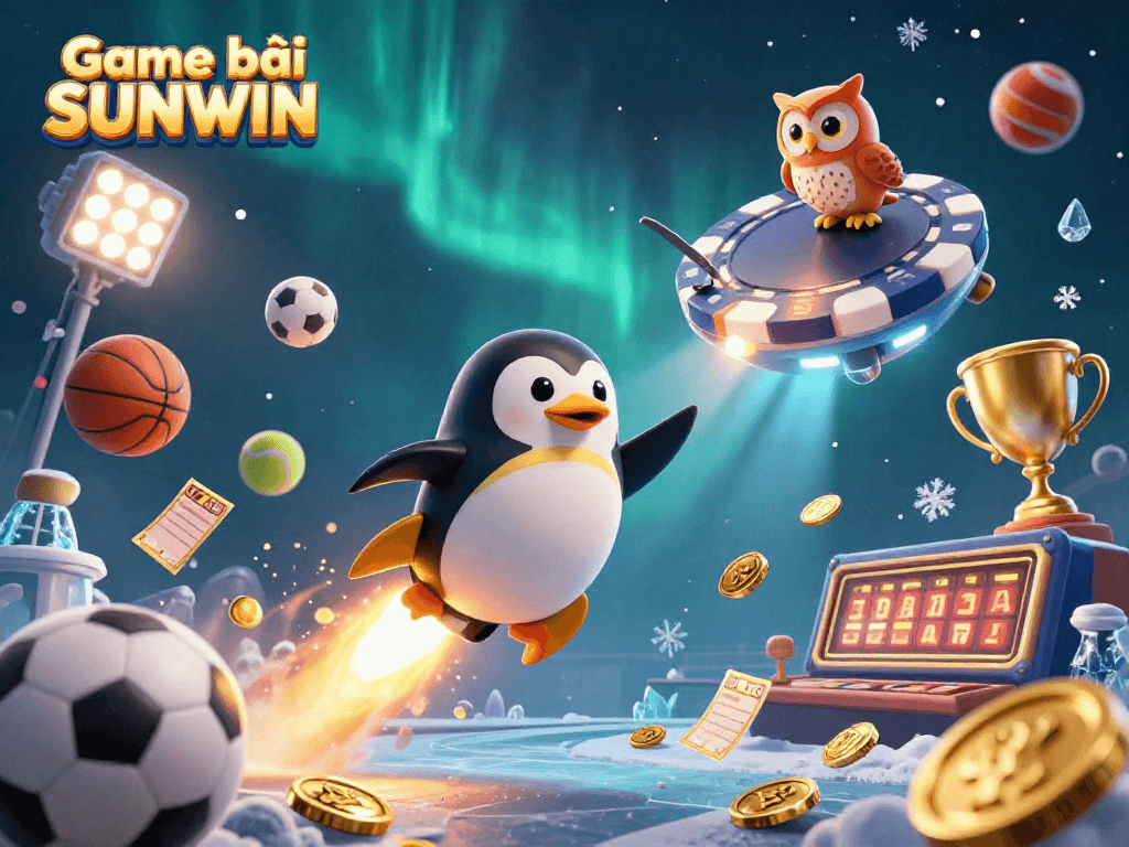Experience Game bài SUNWIN with vibrant casino elements and a dynamic golden penguin in space.