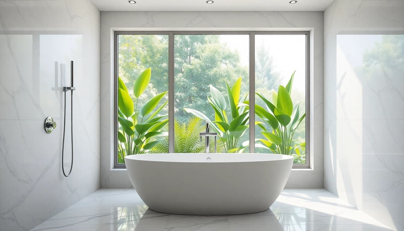 Explore elegant showers uk in a serene bathroom setting with freestanding tub and natural light.