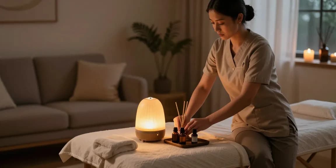 Comfortable home environment for 안양출장안마 massage therapy session with professional therapist preparing oils.