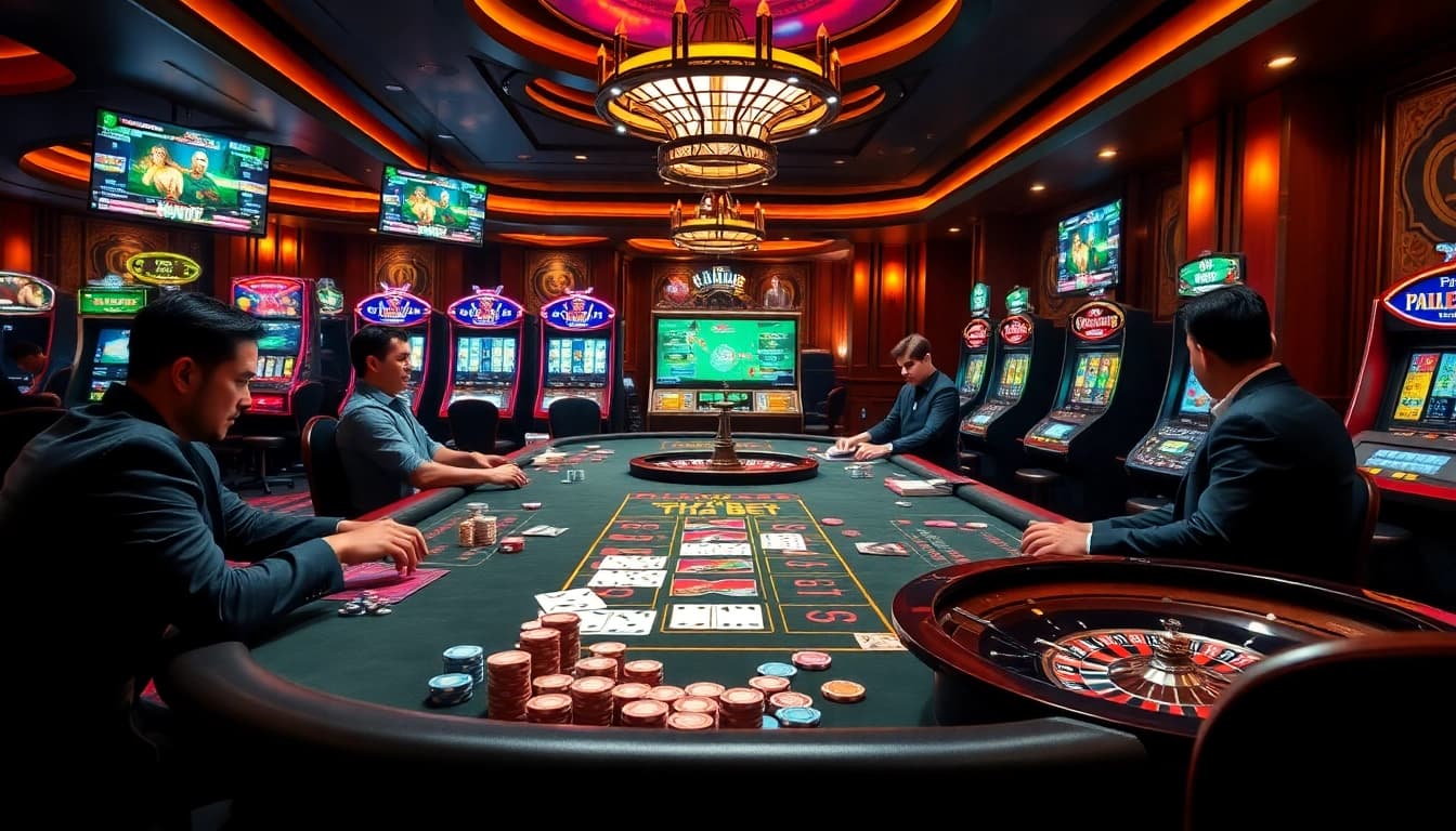 Exciting gambling scene showcasing Tha bet with poker chips, cards, and roulette wheels.