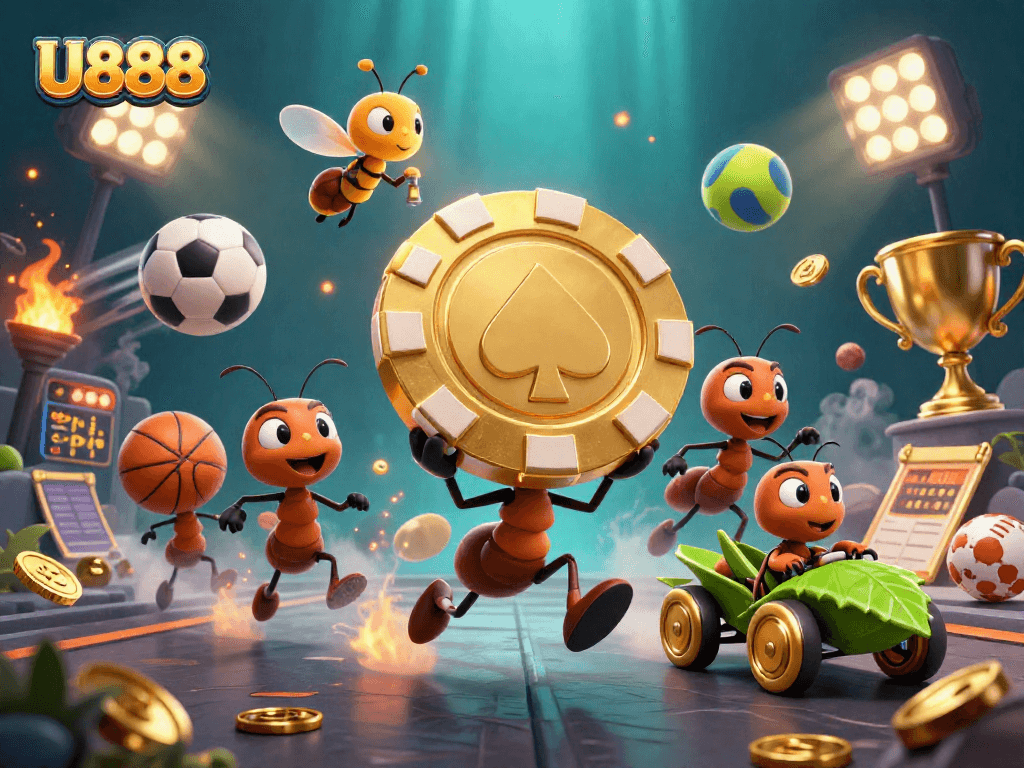 U888 ants carrying a giant poker chip in a vibrant casino heist scene, showcasing action and excitement.