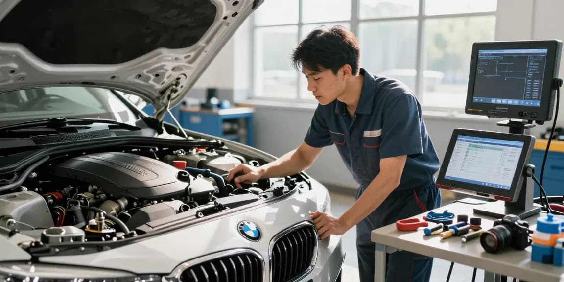 BMW Werkstatt Hannover - Mechaniker prüft Motor in professioneller Werkstatt.
