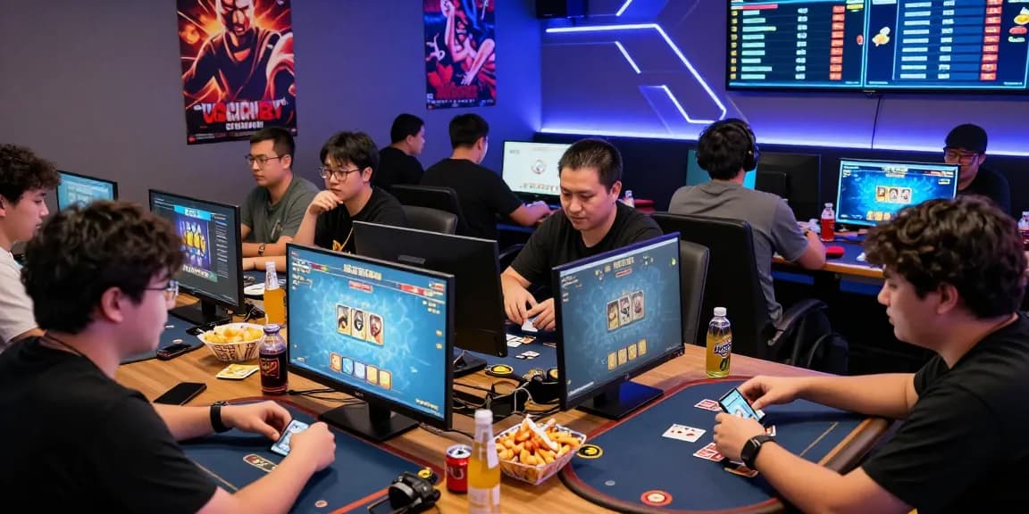 Active gaming community during a JuraganQQ tournament, showcasing players engaged in card games like poker and dominoes in a vibrant atmosphere.