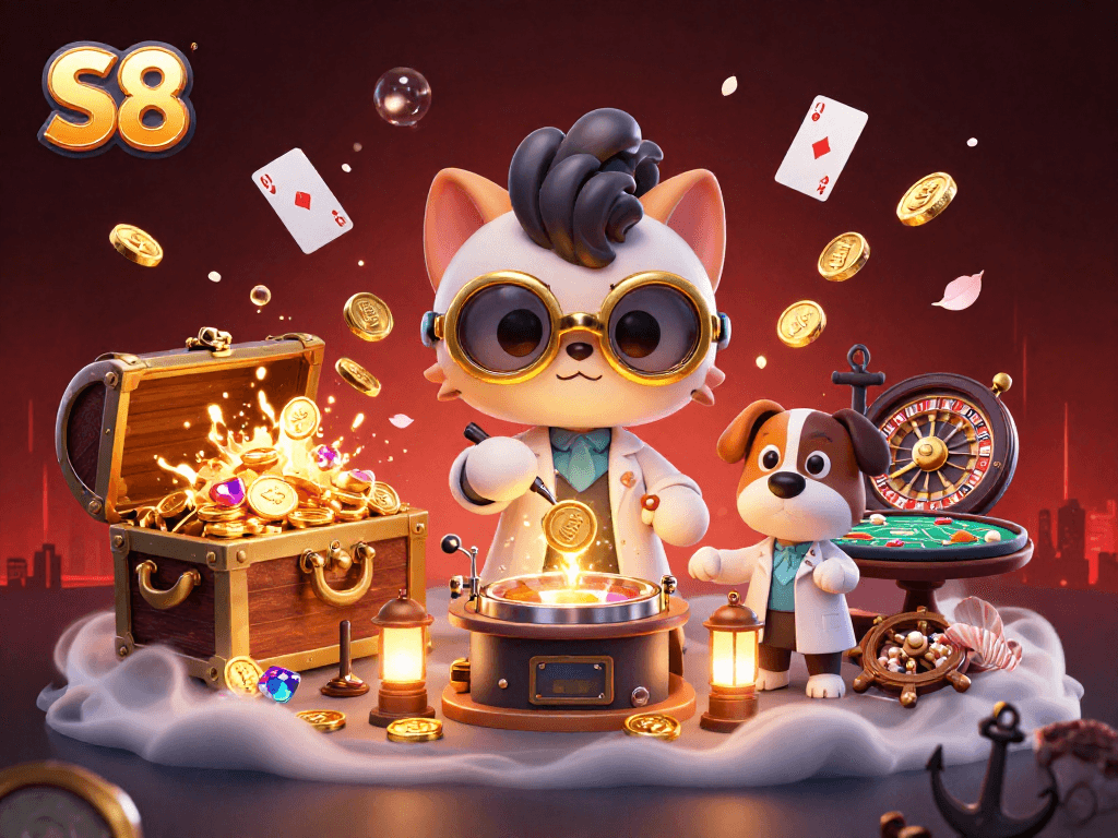 S8 delivers vibrant casino excitement through a mad scientist creating gold coins, surrounded by game elements.