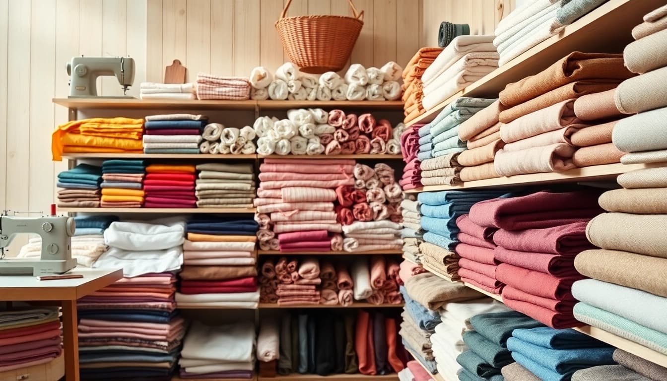 Koop goedkoop katoen met levendige kleuren en zachte texturen in een gezellige stoffenwinkel.