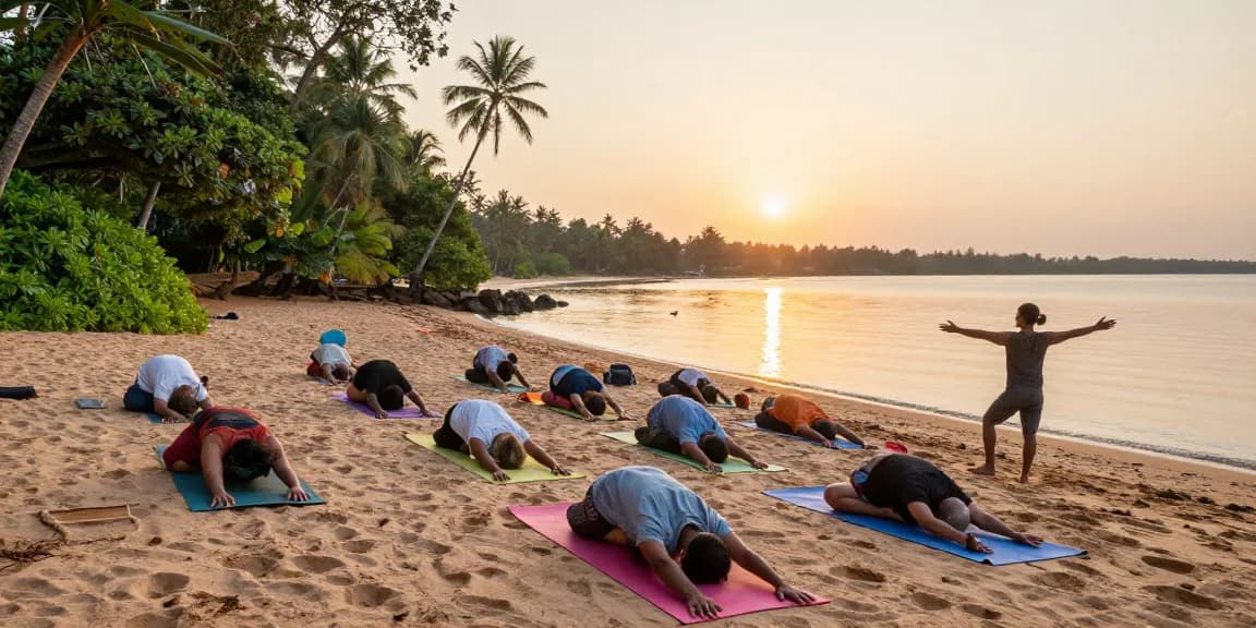 Yoga teacher training Sri Lanka scene at Koggala Lake with diverse participants practicing sunrise yoga.