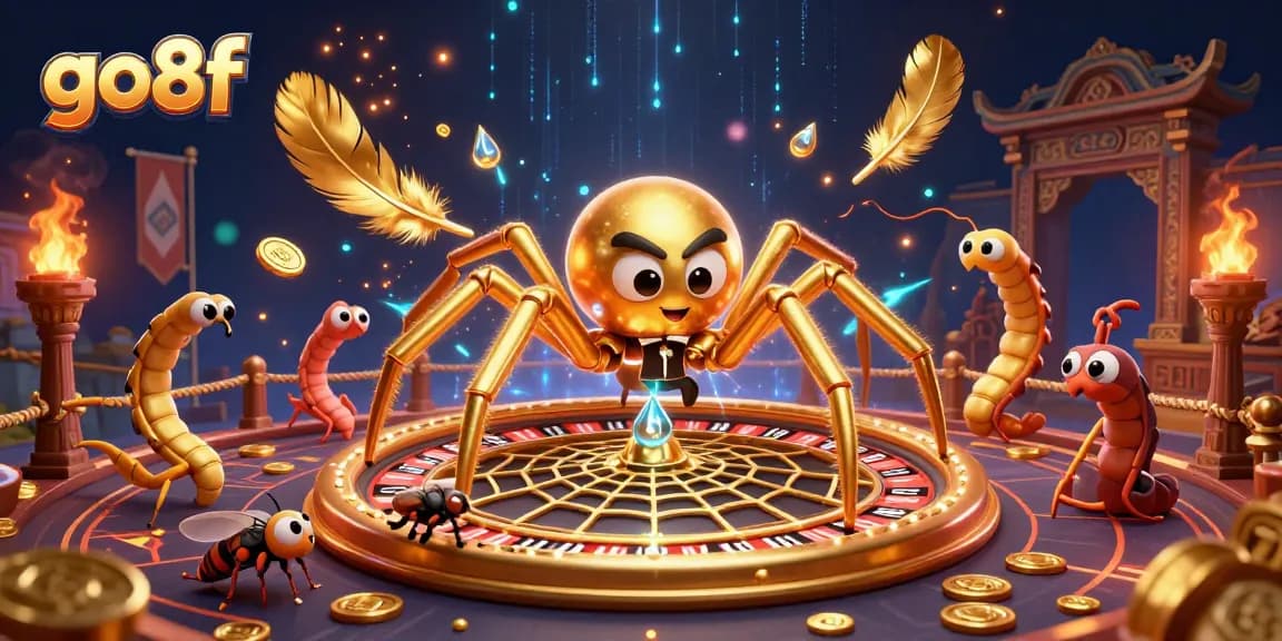 Engage with go8f at the lively casino scene with a golden spider, fly, and centipede on a roulette wheel.