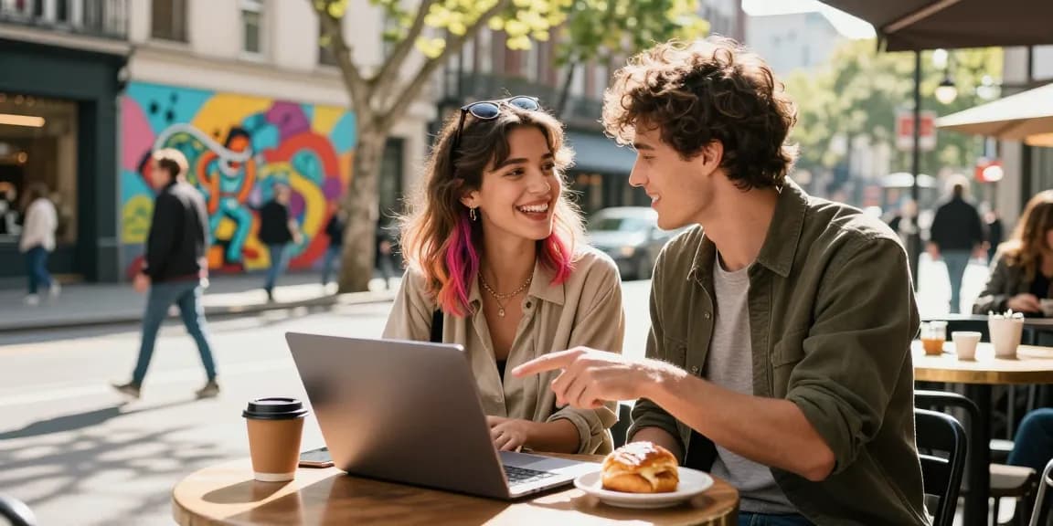 Couple enjoying a casual café moment while discussing سكس زنوج in urban setting, vibrant street art in background.