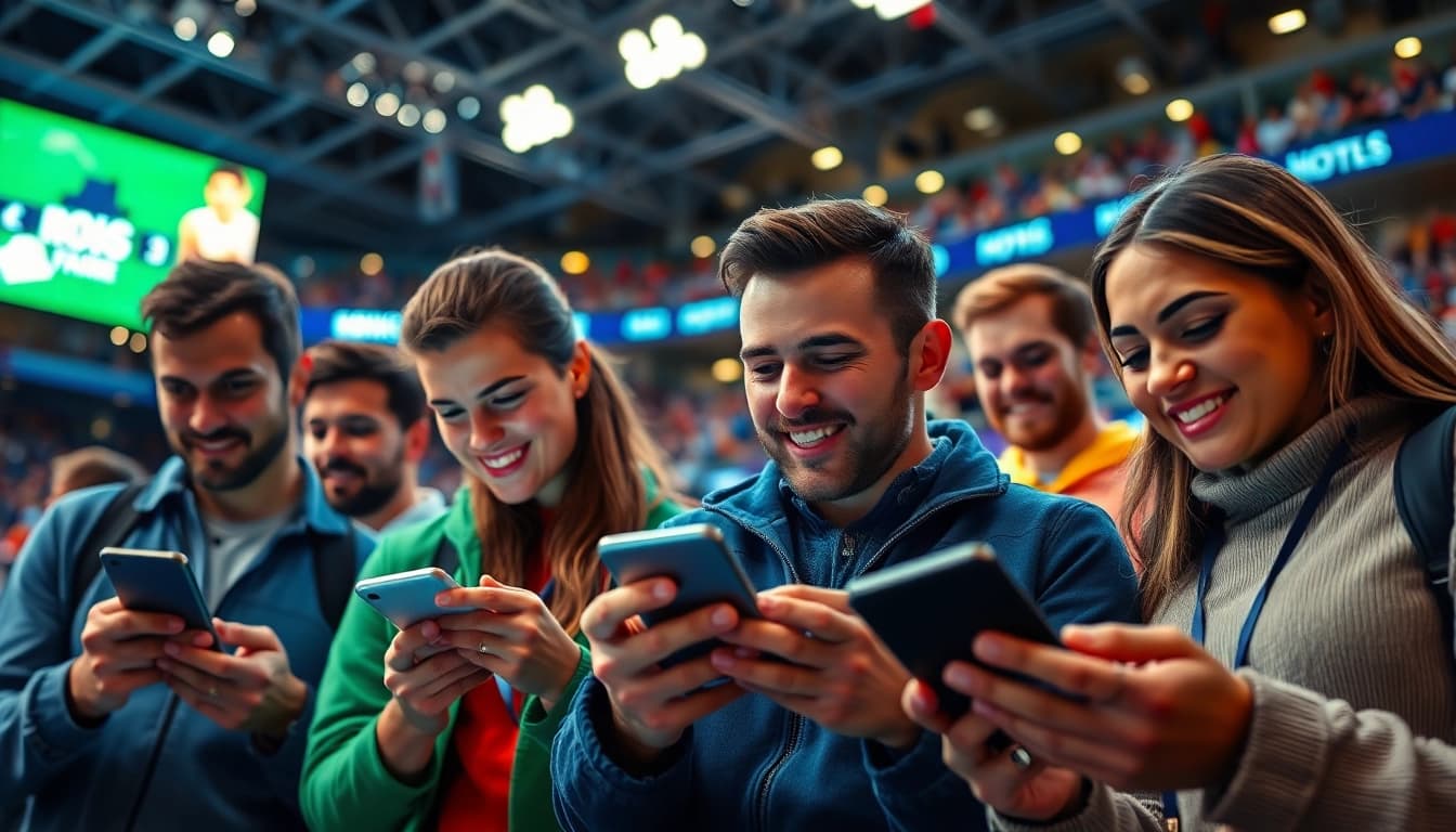 Engaged bettors exploring the best sports betting sites in India surrounded by a dynamic sports atmosphere.