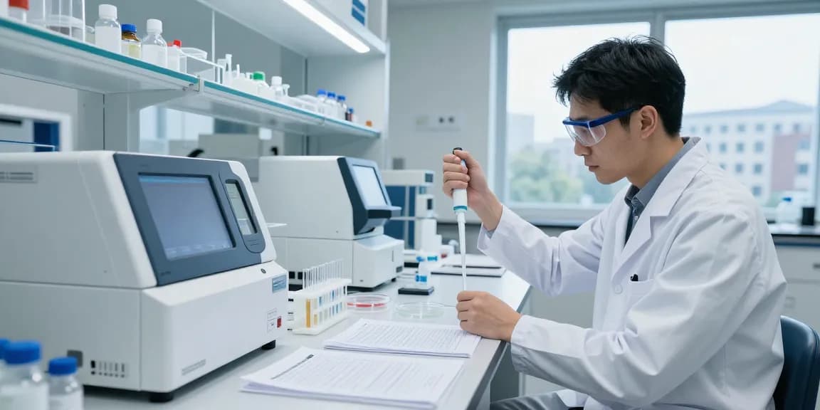 Scientist examining SwissChems Peptides in a modern lab setting with high-tech equipment and a sterile atmosphere.