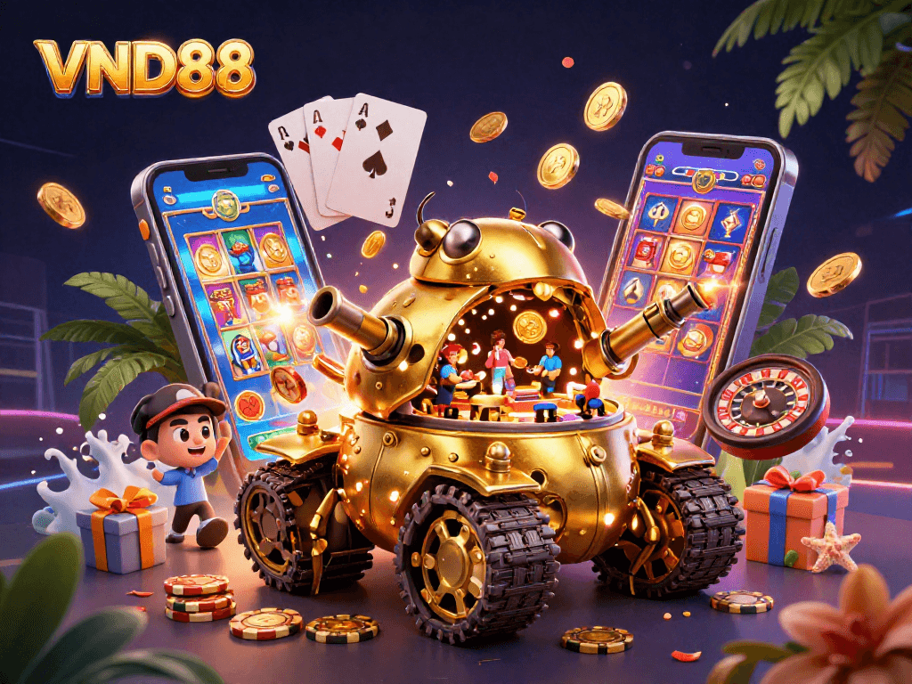 Play thrilling games at VND88 with an ultra-detailed golden beetle tank casino scene.