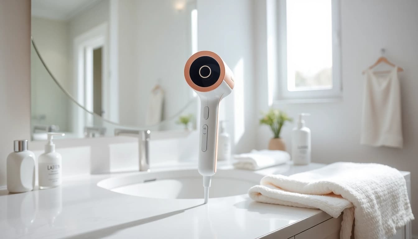 Efficiently styling with laifen se lite hair dryer in a bright, modern bathroom setup.