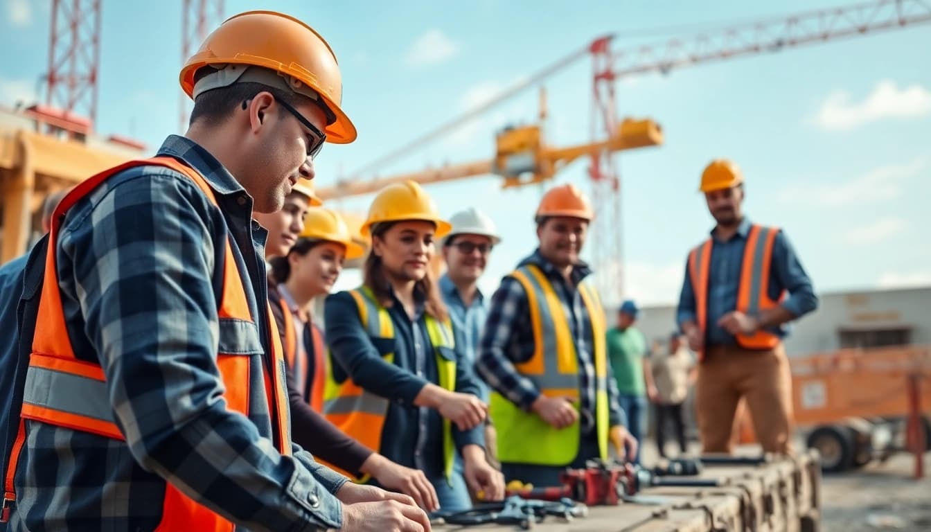 Workers demonstrating collaboration for nccer certification on a construction site.