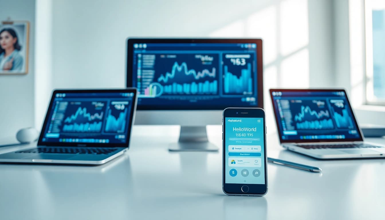 HelloWorld software interface displayed on a laptop and smartphone, illustrating seamless connectivity.