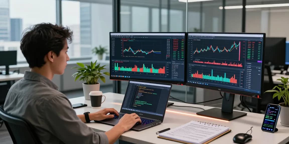US stock backtesting data API showcased in a developer's workspace with live data analytics and trading algorithms.