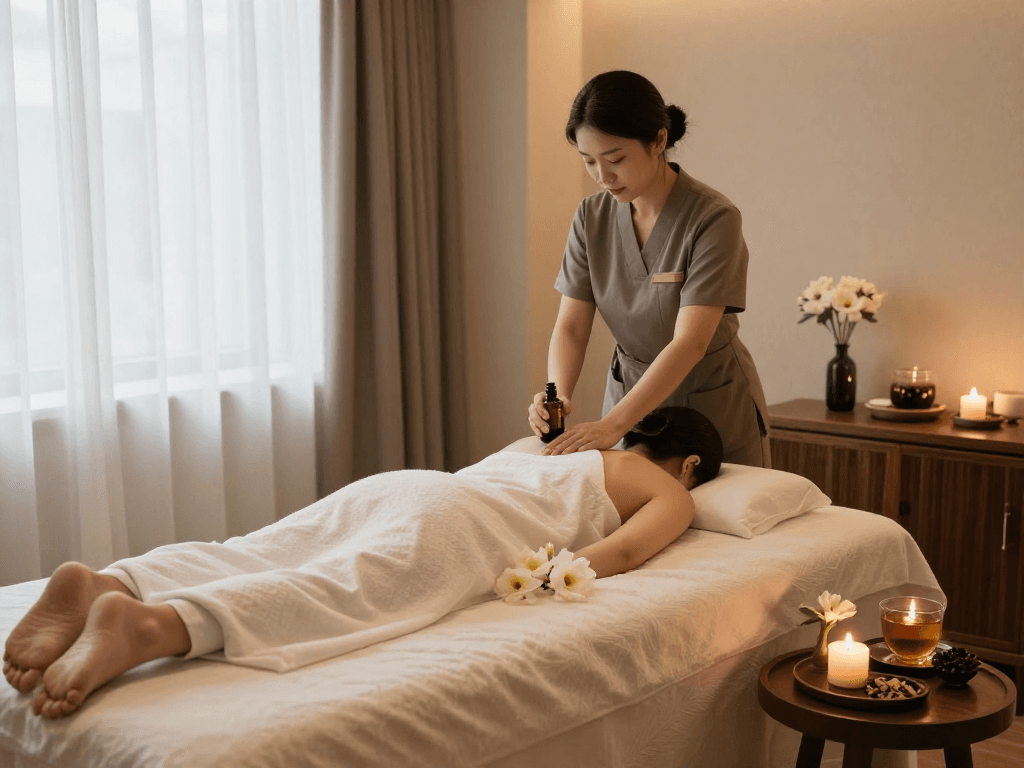 A tranquil spa room scene with a therapist preparing mantra88 aromatherapy oil for a private massage session.