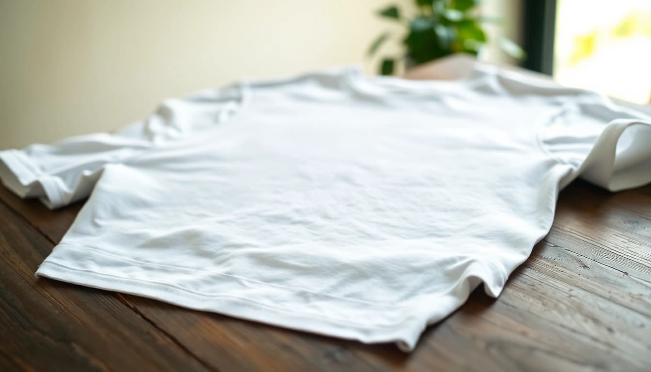 Showcasing a blank white t shirt under natural light on a wooden table, emphasizing its texture and style.