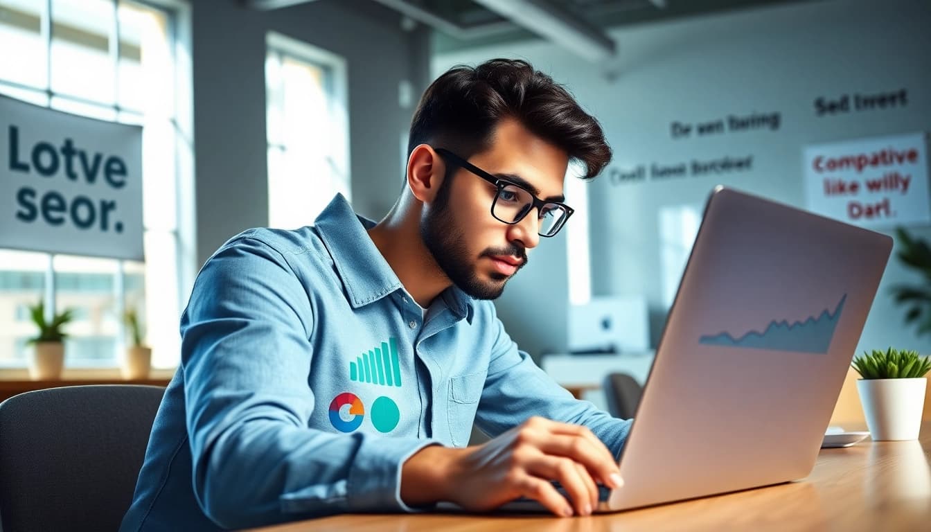 Optimize rr88 com strategies while a marketer analyzes data in a modern setting.
